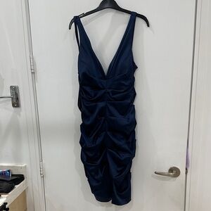 Elegant Navy Blue satiny Ruched Dress
